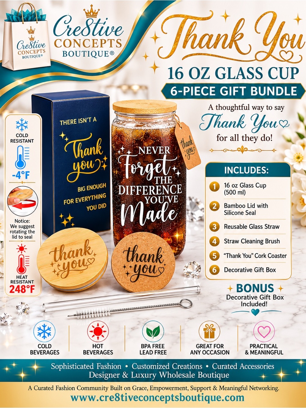 Appreciation 16oz Glass “Never Forget” Cup 6-Piece Gift Bundle Set w/Bamboo Lid